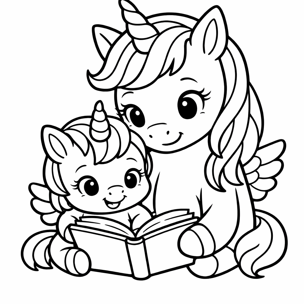 unicorn_book_reading — free unicorn colouring page