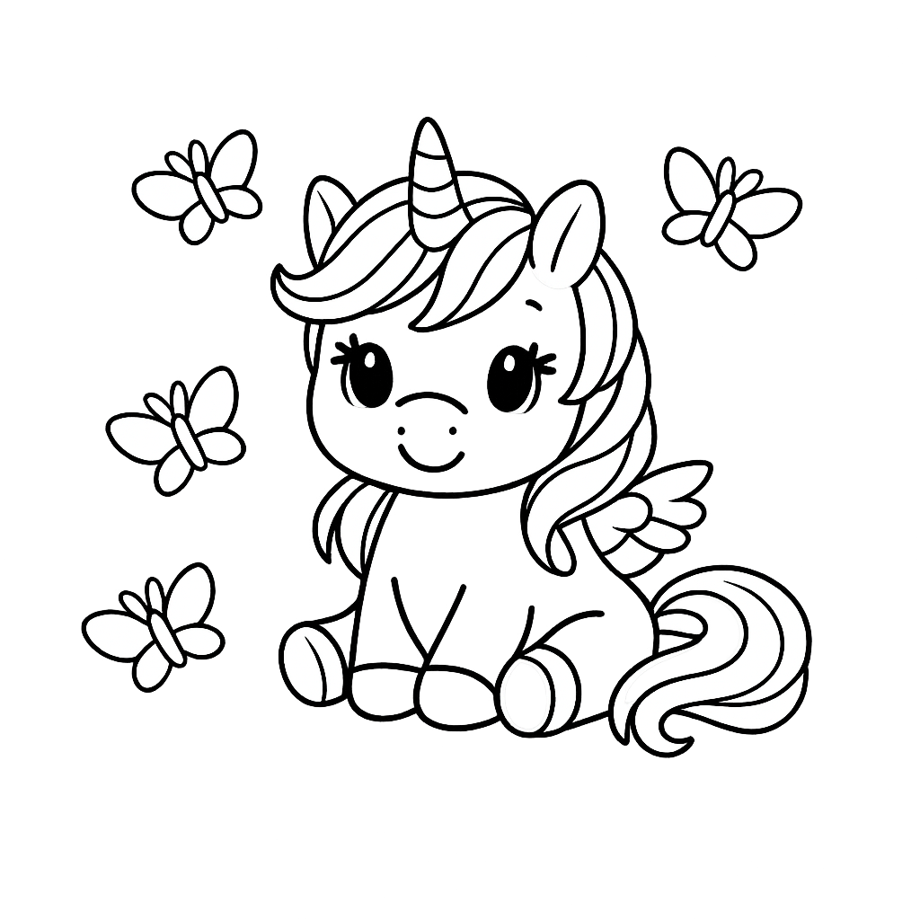 Unicorns_butterflies — free unicorn colouring page